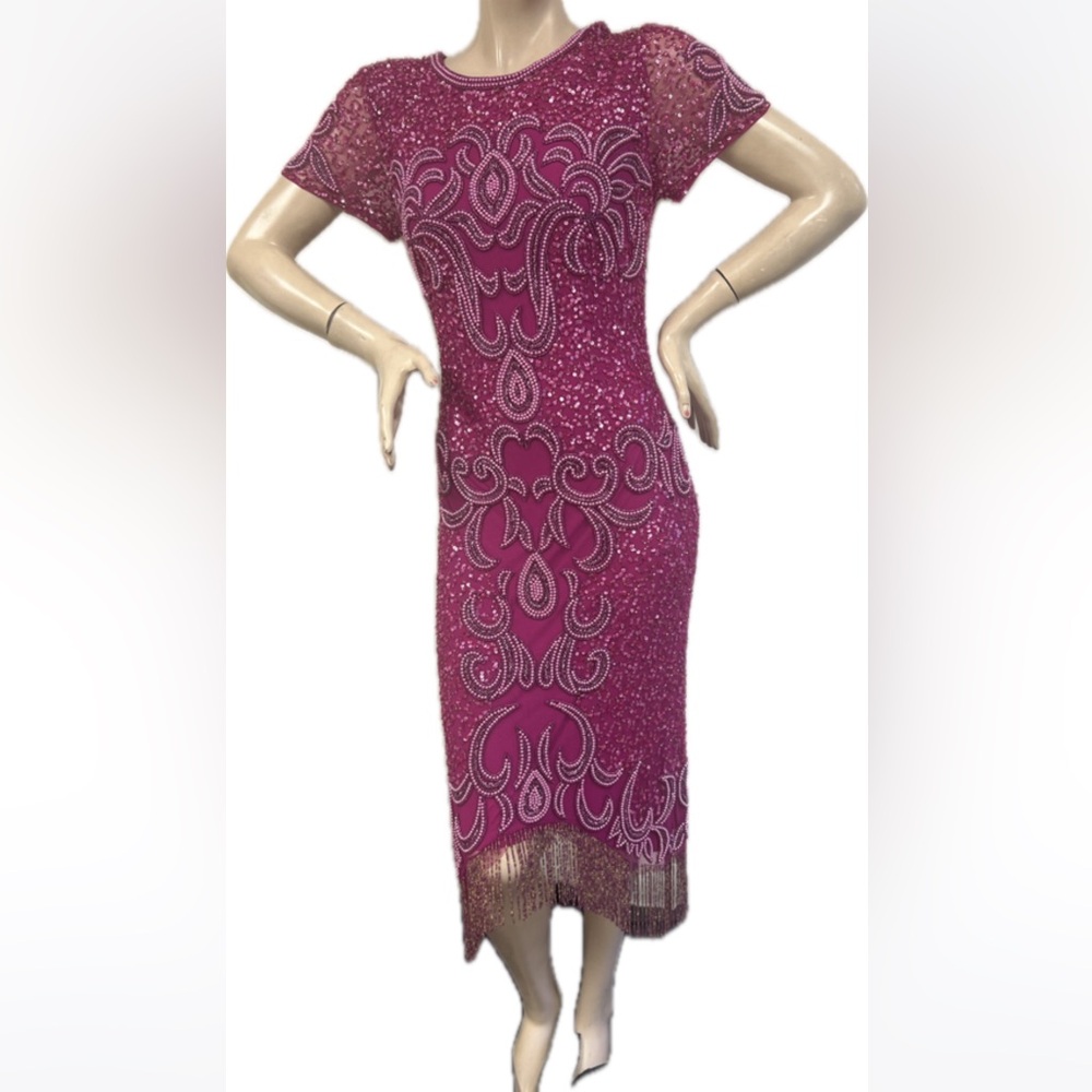 Aidan Mattox fully beaded fringes short sleeves midi dress - Picture 3 of 13